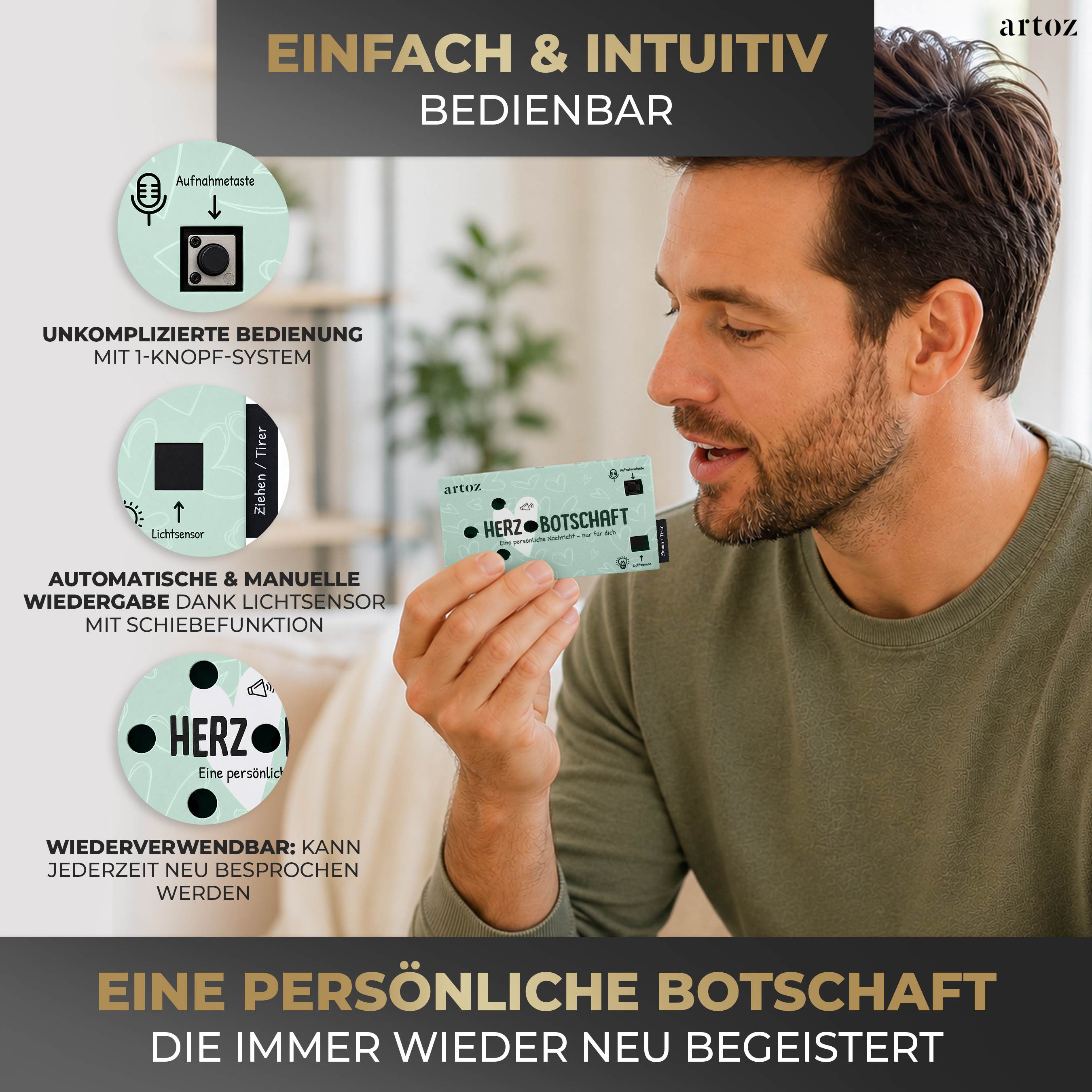Ein lächelnder Mann hält eine Karte mit der Aufschrift HERZ Botschaft. Das Bild hebt die Eigenschaften der Karte hervor: einfache Bedienung mit einem Knopf, manuelle/automatische Wiedergabe, wiederverwendbar und anpassbare Nachrichten.