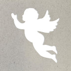 Le Stanzer M Engel d'Artoz Papier AG représente un chérubin blanc avec des ailes et un bras tendu, idéal pour les projets Karten ou Basteln, sur un fond texturé gris clair.