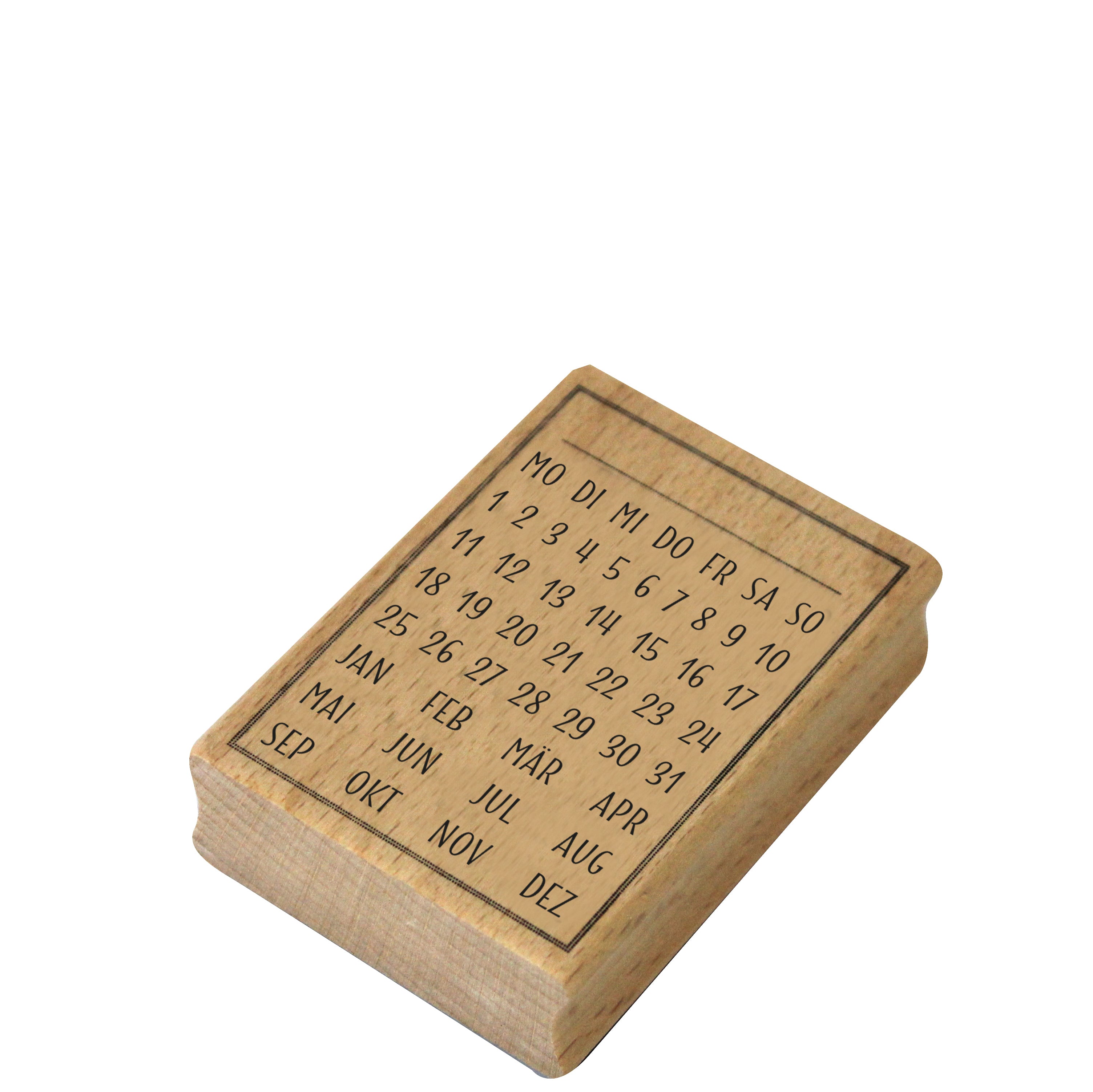 Der Stempel Datum von Artoz Papier AG ist ein kleiner Holzstempelblock mit Tagen, Daten (1-31) und Monaten in deutscher und englischer Sprache - ideal für kreative Planungen, Bastelarbeiten und die Verwendung als ewiger Kalender oder Datum Stempel.