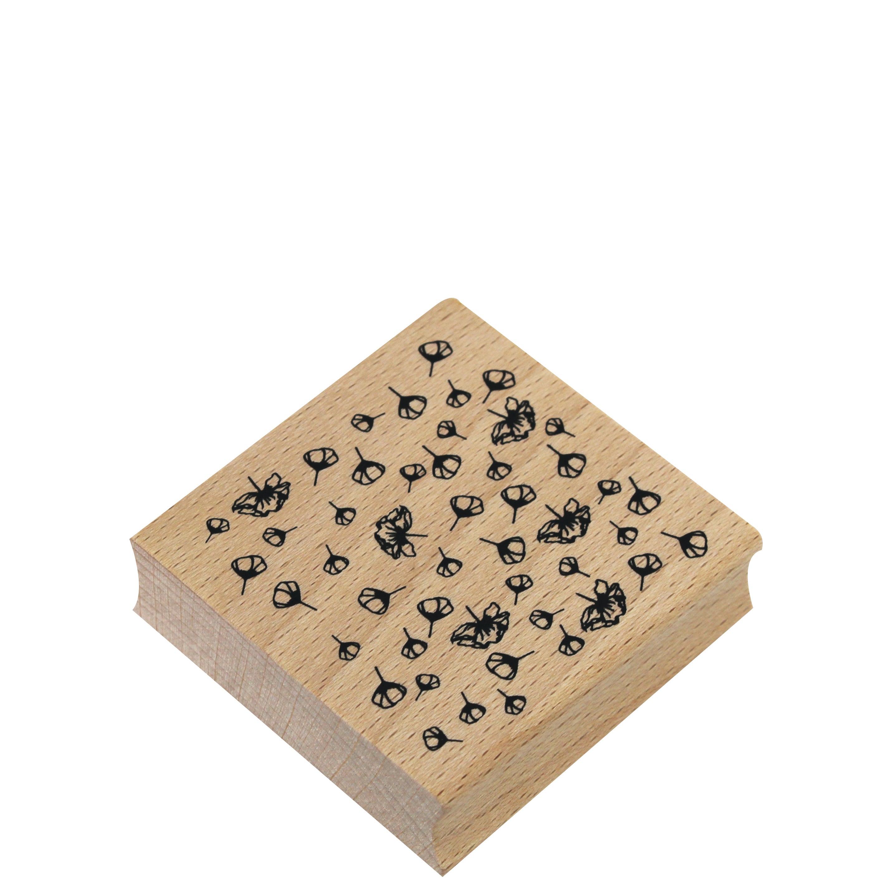 Der Stempel Blüten all over von Artoz Papier AG ist ein Holzstempel mit einem floralen Muster auf der Oberseite. Auf einem weißen Hintergrund platziert, ist er ideal für Bastel- und kreative Stempelprojekte.