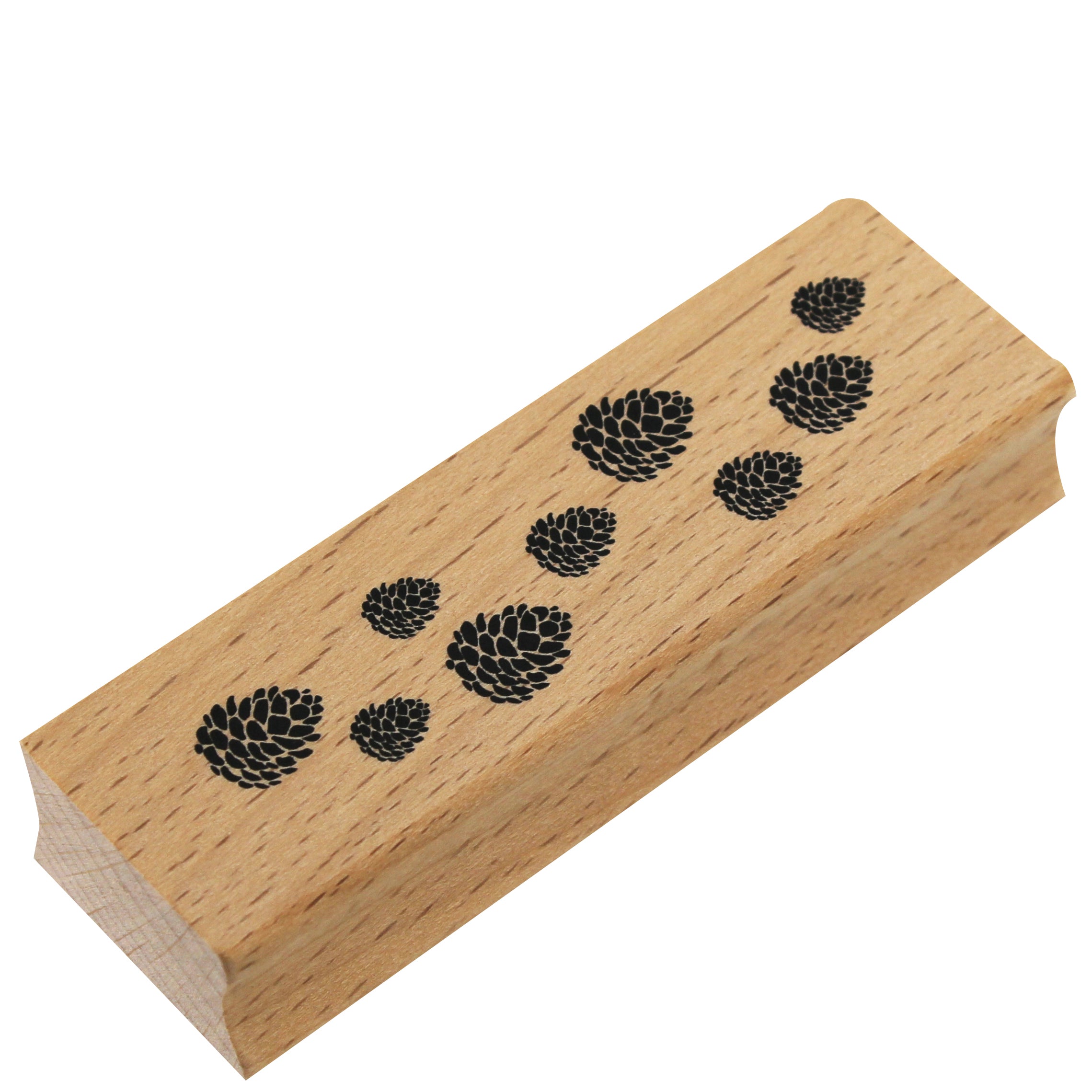 Der Stempel Tannzapfen von Artoz Papier AG ist ein rechteckiger Holzstempel mit eingravierten schwarzen Tannzapfenmotiven in verschiedenen Größen - ideal für kreative Bastelarbeiten.