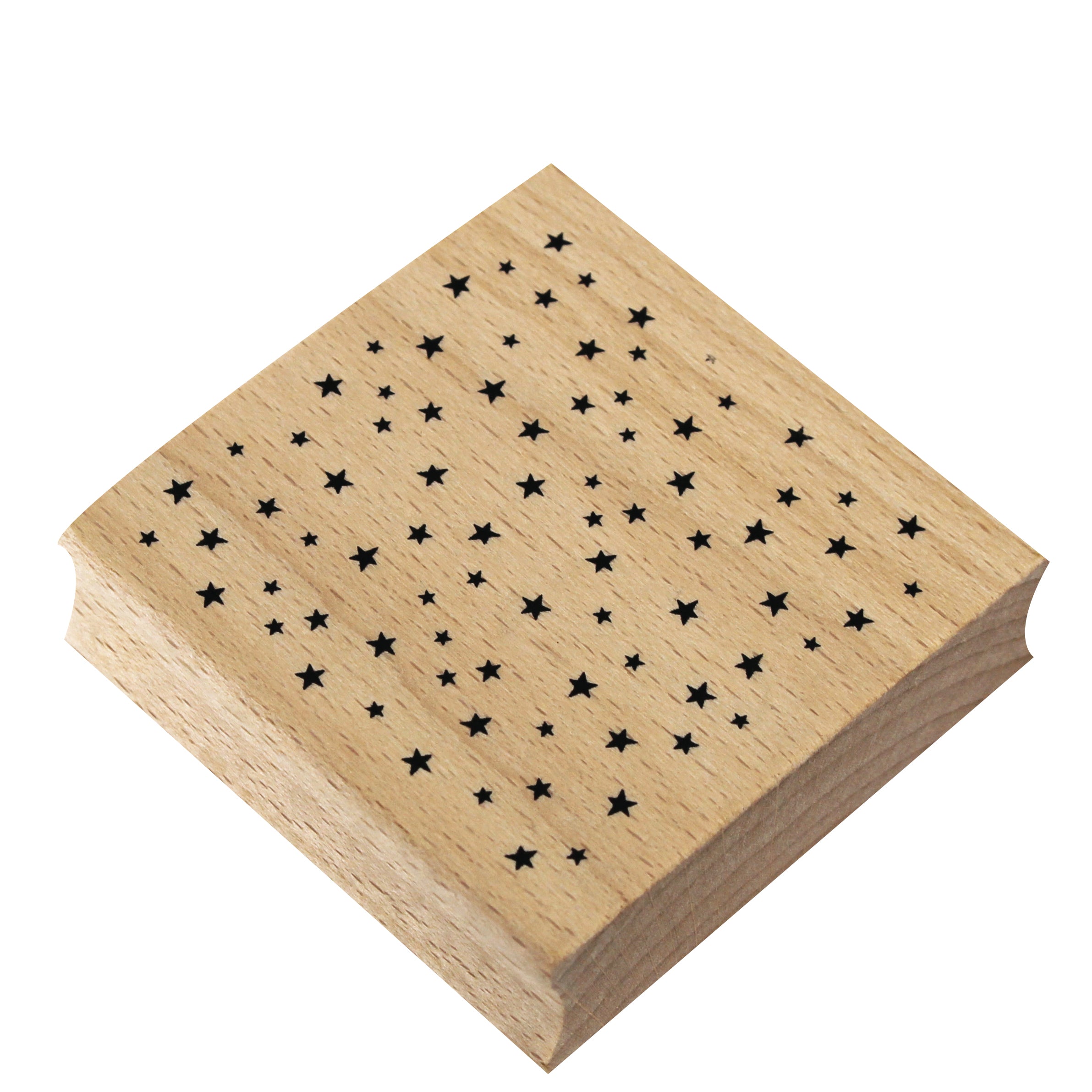 Der "Stempel Sternen all over" von Artoz Papier AG ist ein Holzstempel mit einem Muster aus kleinen, zufällig angeordneten schwarzen Sternen auf einer Seite, die schräg auf weißem Grund abgebildet sind - ideal für Bastelarbeiten.