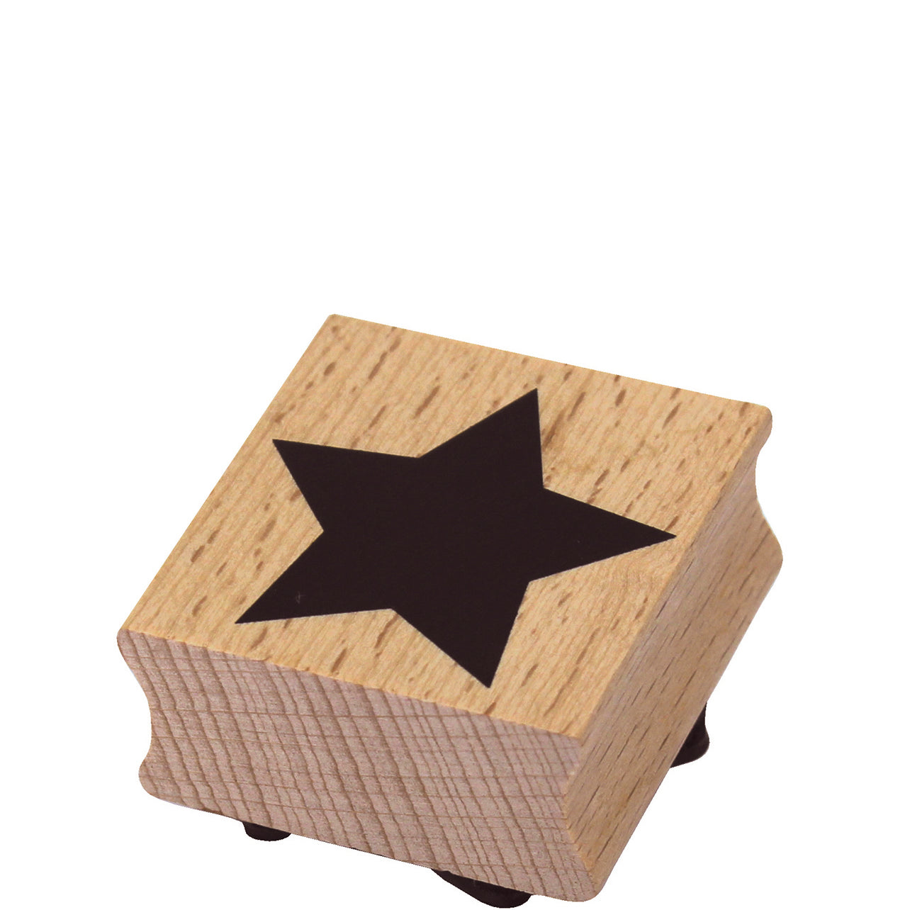 Der Artoz Papier AG Stempel Stern ist ein Holzstempel mit schwarzem Sternmotiv, ideal für Bastelarbeiten oder zum Verzieren von Einladungskarten, hier in der Schrägansicht.