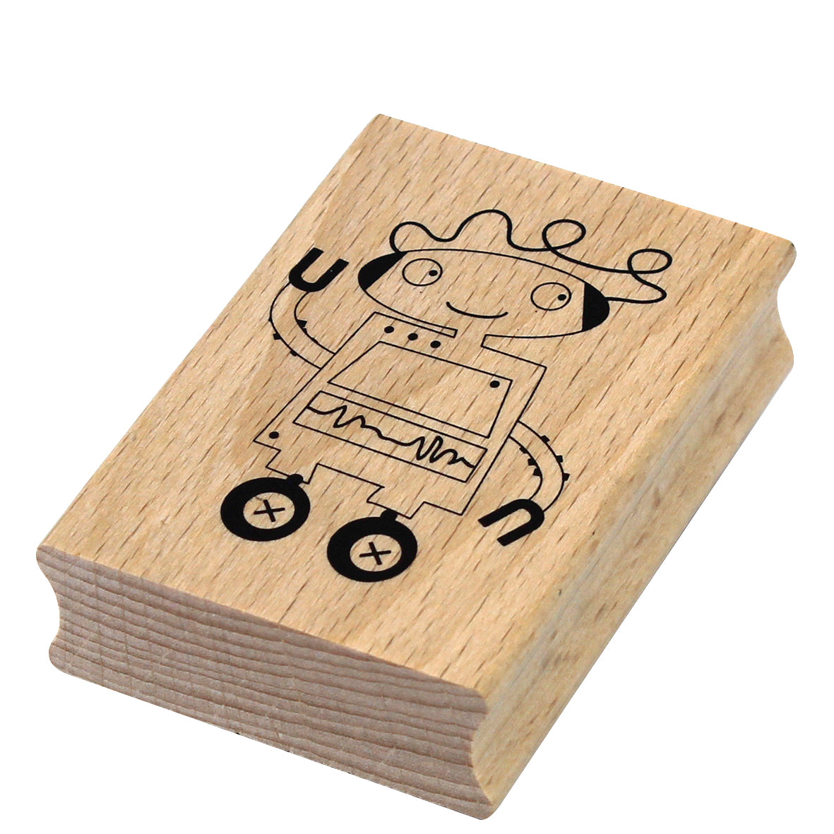 Der Stempel Roboter von Artoz Papier AG ist ein Holzblockstempel mit einem schwarzen, lächelnden Roboter im Cartoon-Stil - perfekt für Bastelarbeiten oder zur Personalisierung von Einladungskarten.