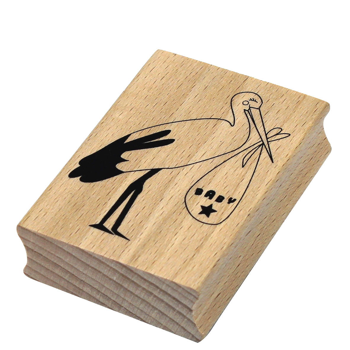 L'Artoz Papier AG Stempel Storch représente une cigogne noire tenant un bébé et une étoile - idéal pour les Bastelarbeiten ou pour ajouter du charme aux Einladungskarten pour les célébrations de la nouvelle naissance.