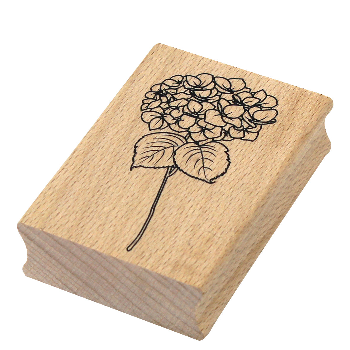 Der Stempel Hortensie von Artoz Papier AG ist ein Holzgummistempel mit einem detaillierten schwarzen Umriss einer Hortensie mit zwei Blättern - ideal für Bastelarbeiten und kreative Projekte.