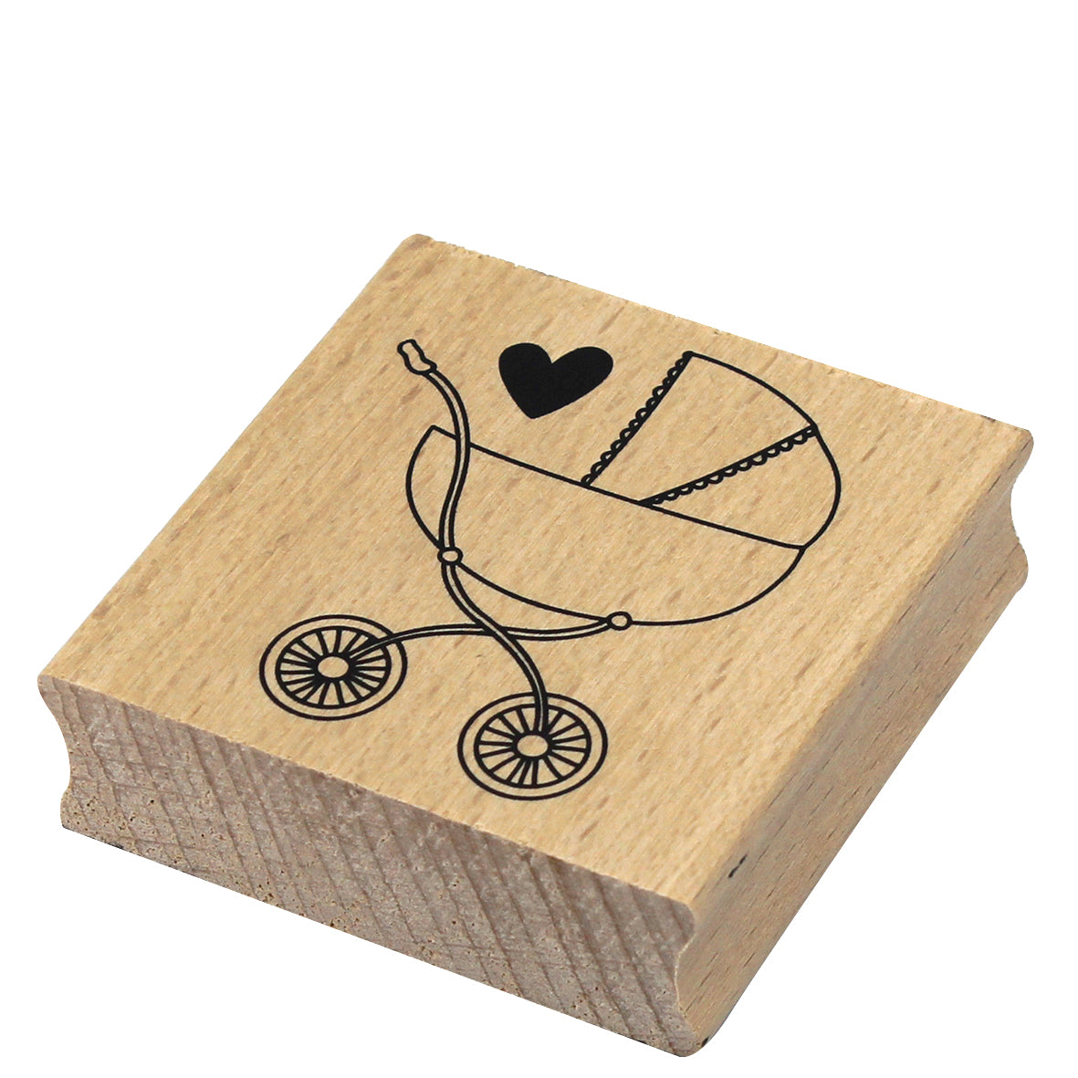 Der Stempel Kinderwagen von Artoz Papier AG zeigt einen schwarz umrandeten Kinderwagen mit einem Herz darüber. Er ist aus Buche-Holz gefertigt und steht auf einem schlichten weißen Hintergrund - ideal zum Stempeln von Bastelprojekten.