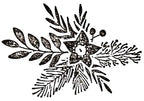Schwarz-weißer "Stempel Gesteck" von Artoz Papier AG: eine fünfblättrige Blüte mit blättrigen Zweigen, Ästen und Beeren - ideal für Bastelarbeiten oder um Einladungskarten einen natürlichen Holzstempel-Look zu verleihen.
