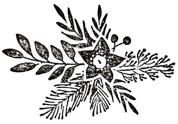 Schwarz-weißer "Stempel Gesteck" von Artoz Papier AG: eine fünfblättrige Blüte mit blättrigen Zweigen, Ästen und Beeren - ideal für Bastelarbeiten oder um Einladungskarten einen natürlichen Holzstempel-Look zu verleihen.