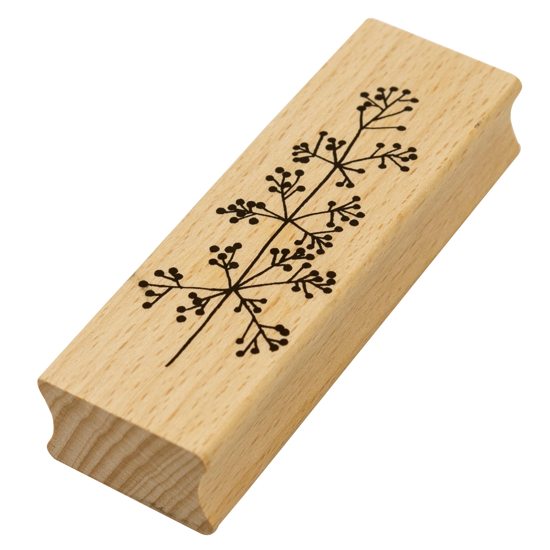 Der Stempel Beerenzweig von Artoz Papier AG ist ein rechteckiger Stempel mit einem dekorativen schwarzen botanischen Zweig- und Punktmuster, ideal für Bastelarbeiten.