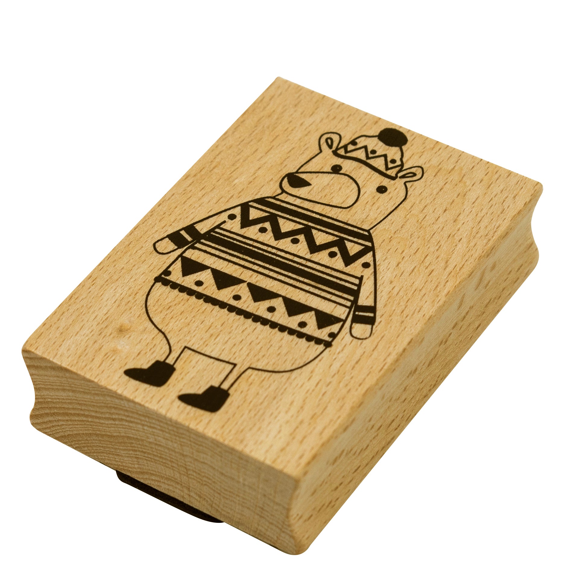 Der Stempel Winterbär von Artoz Papier AG zeigt einen niedlichen Bären in einem gemusterten Pullover und einer Bommelmütze - ideal für Bastelarbeiten und um Ihren Einladungskarten Charme zu verleihen.
