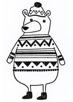 Liebenswerter Cartoon-Bär im gemusterten Pullover, Wintermütze mit Bommel und Stiefeln. Das schwarz-weiße Design von Artoz Papier AG ist ideal für Bastelarbeiten oder Einladungskarten mit dem Stempel Winterbär.