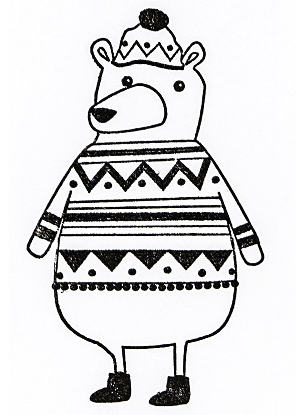 Liebenswerter Cartoon-Bär im gemusterten Pullover, Wintermütze mit Bommel und Stiefeln. Das schwarz-weiße Design von Artoz Papier AG ist ideal für Bastelarbeiten oder Einladungskarten mit dem Stempel Winterbär.