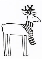 Dessin simple en noir et blanc d'un renne portant une écharpe rayée, inspiré du Stempel Renntier d'Artoz Papier AG. Le renne est debout, tourné vers la droite, avec des contours simples et des détails minimaux.