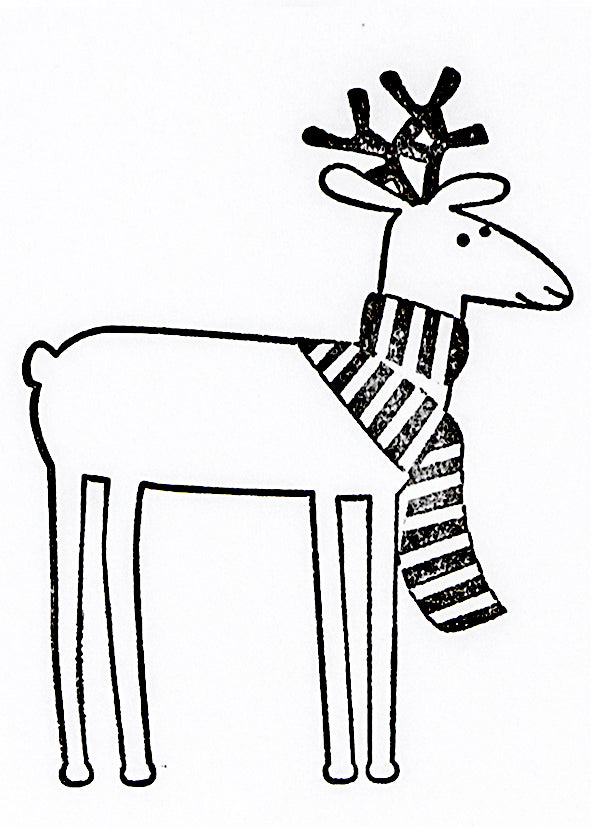Dessin simple en noir et blanc d'un renne portant une écharpe rayée, inspiré du Stempel Renntier d'Artoz Papier AG. Le renne est debout, tourné vers la droite, avec des contours simples et des détails minimaux.
