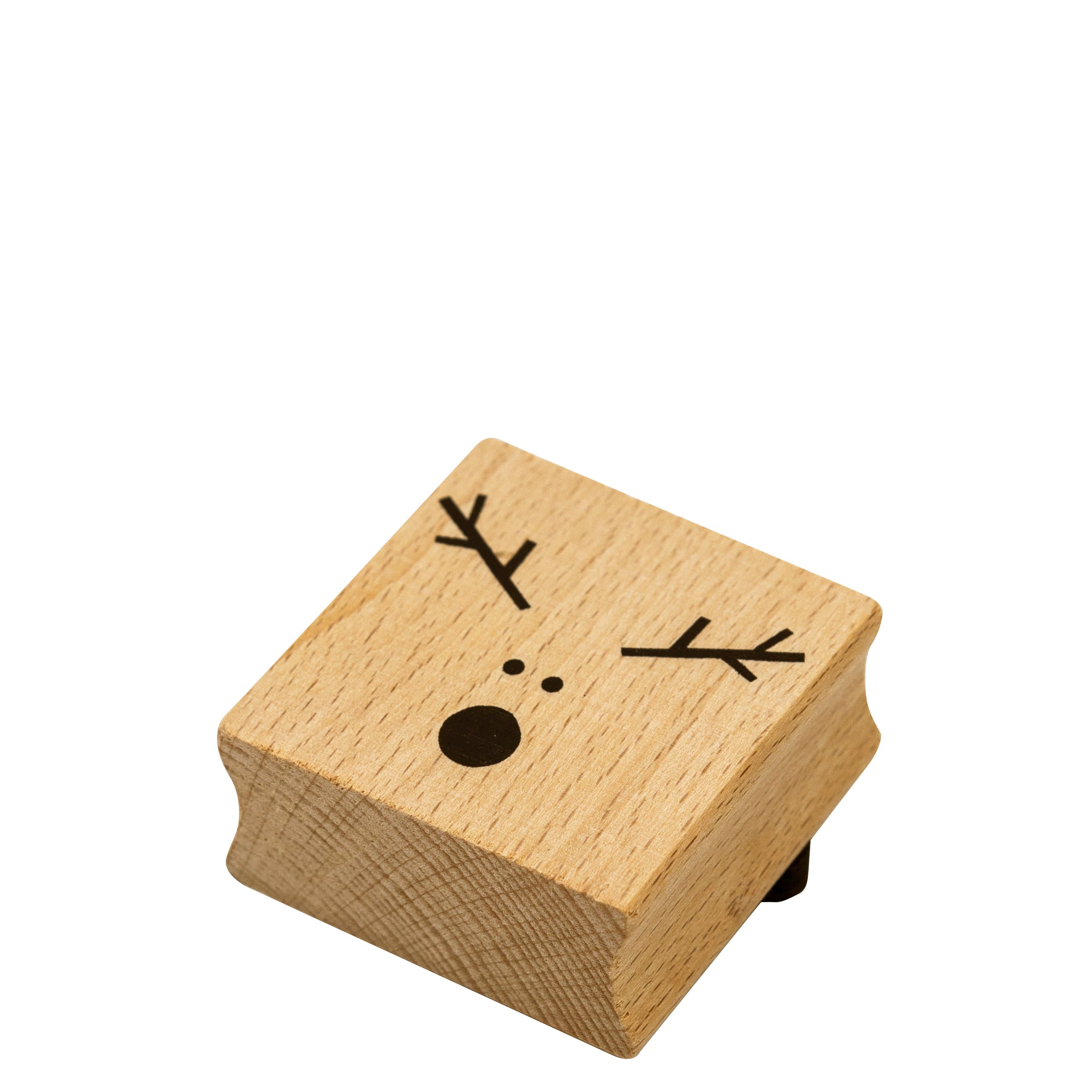 Der Stempel Rentierkopf von Artoz Papier AG ist ein kleiner, quadratischer Holzstempel mit einem minimalistischen Rentiergesicht - perfekt für Bastelarbeiten oder Einladungskarten, mit einfachem schwarzen Geweih und Punkten für Augen und Nase auf weißem Hintergrund.