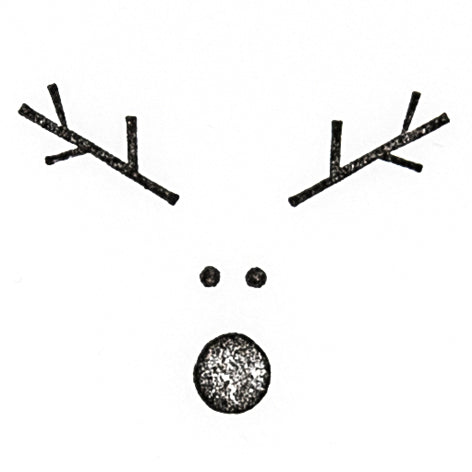 Der Artoz Papier AG Stempel Rentierkopf zeigt ein minimalistisches Rentiergesicht mit schwarzem Strichgeweih, Punktaugen und einer strukturierten Nase - ideal für Bastelarbeiten oder Rentierkopf-Designs auf weißem Hintergrund.