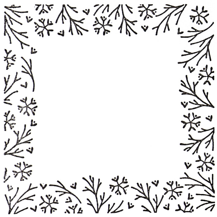 L'Artoz Papier AG Stempel Bordüre Eckig présente une bordure carrée noire et blanche dessinée à la main avec des branches, des feuilles et des cœurs, idéale pour les Bastelarbeiten ou les Einladungskarten. Le centre est laissé vierge pour vos propres créations.