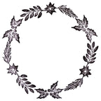 Le Stempel Kranz d'Artoz Papier AG représente une couronne circulaire noire et blanche de feuilles de houx, de baies et de feuillage dans un style dessiné à la main - idéal pour Bastelarbeiten ou comme Holzstempel sur fond blanc.