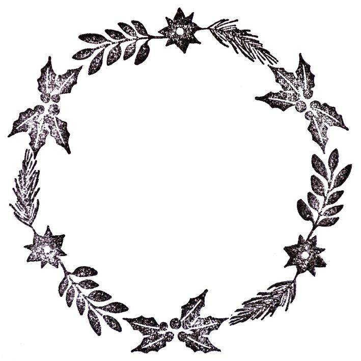 Le Stempel Kranz d'Artoz Papier AG représente une couronne circulaire noire et blanche de feuilles de houx, de baies et de feuillage dans un style dessiné à la main - idéal pour Bastelarbeiten ou comme Holzstempel sur fond blanc.