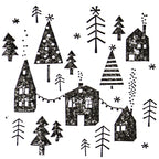 Der Stempel Winterdorf von Artoz Papier AG zeigt ein schwarz-weißes Design mit kleinen Häusern, Tannenbäumen, Lichterketten und Schneeflocken - eine ideale weihnachtliche Inspiration für Bastelarbeiten oder die Gestaltung mit Holzstempeln.