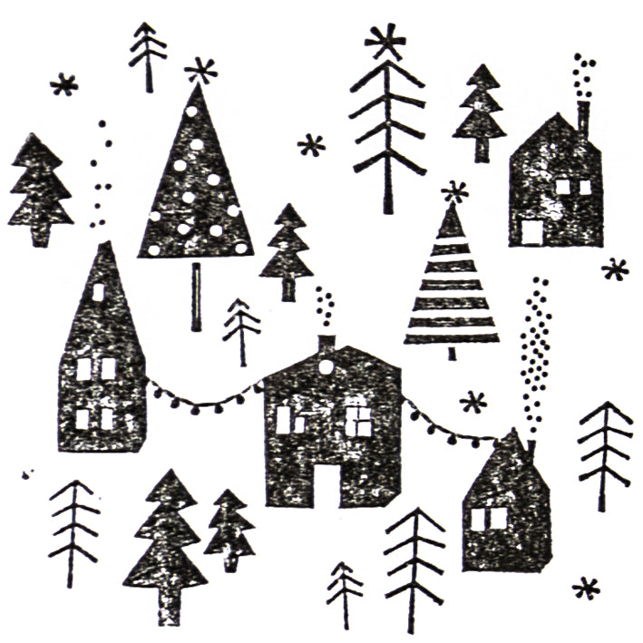 Der Stempel Winterdorf von Artoz Papier AG zeigt ein schwarz-weißes Design mit kleinen Häusern, Tannenbäumen, Lichterketten und Schneeflocken - eine ideale weihnachtliche Inspiration für Bastelarbeiten oder die Gestaltung mit Holzstempeln.