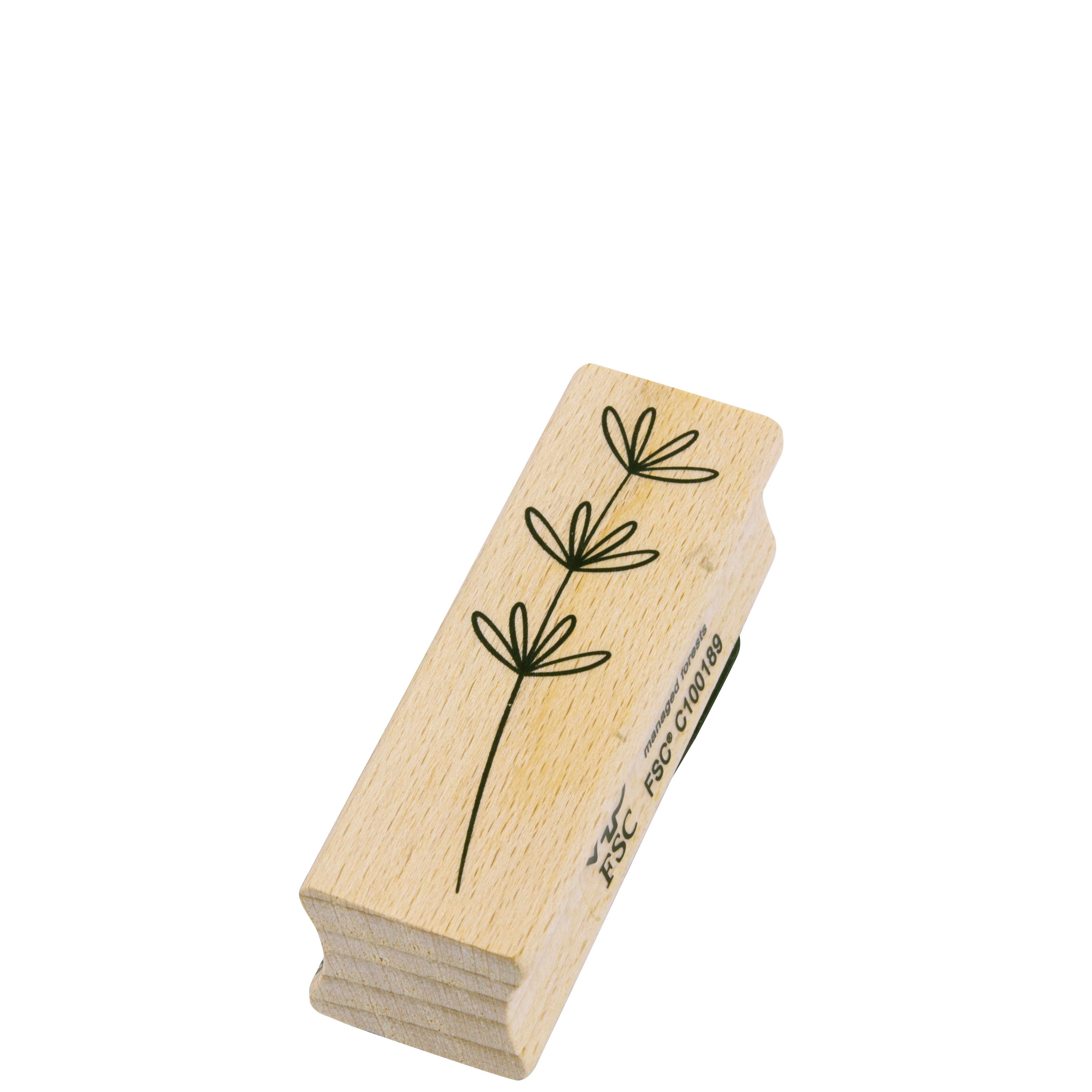 Le Stempel Blume d'Artoz Papier AG est un tampon rectangulaire en bois représentant trois fleurs minimalistes, certifié FSC - idéal pour Bastelarbeiten ou pour ajouter des accents floraux à Einladungskarten. Présenté isolé sur fond blanc.