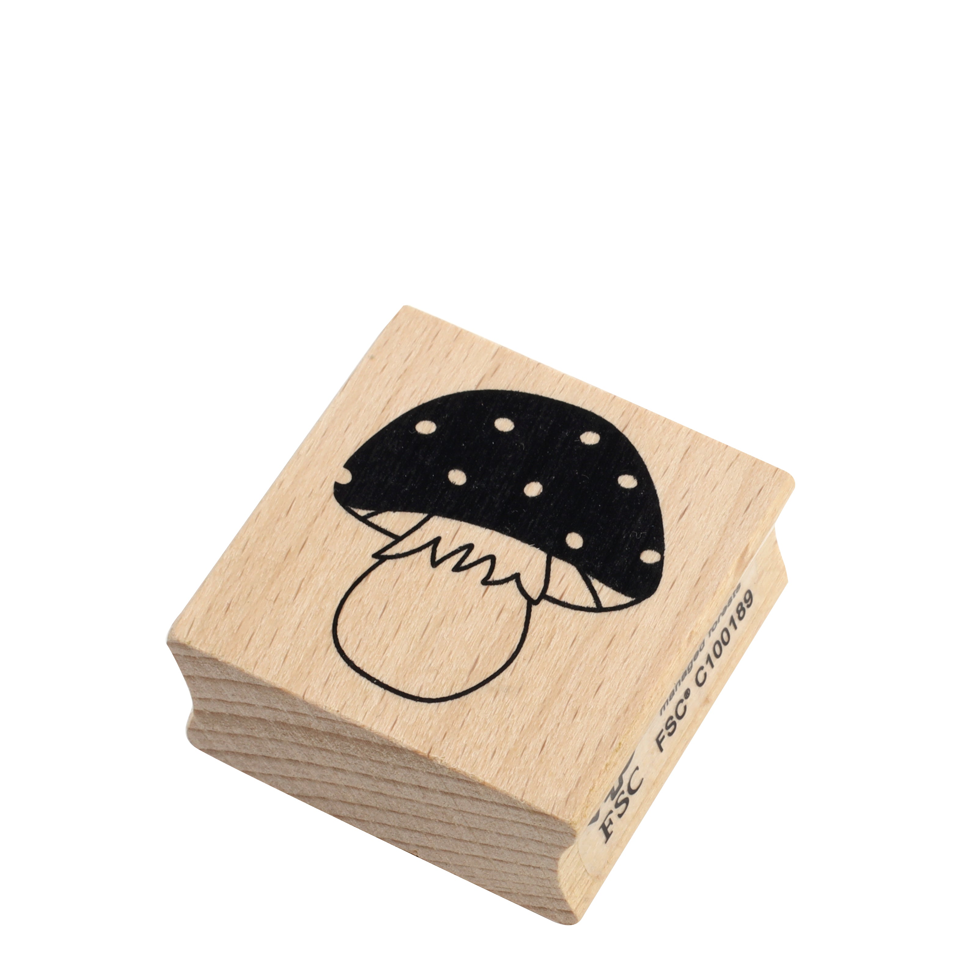 Der Artoz Papier AG Stempel Pilz ist ein Holzstempel mit dunkler Kappe und weißen Punkten, ideal für Bastelarbeiten oder zum Verzieren von Einladungskarten. Er verfügt über eine FSC-Zertifizierung auf der Seite.
