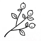 Der Stempel rote Beeren von Artoz Papier AG zeigt eine einfache schwarze Strichzeichnung eines kleinen Zweiges mit drei runden roten Beeren und sechs Blättern - perfekt zum Basteln oder als Holzstempel-Motiv auf weißem Hintergrund.