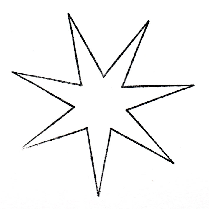 Ein einfacher schwarzer Umriss eines siebenzackigen Sterns auf Weiß, perfekt für Stern Stempel Designs oder Bastelarbeiten mit Ihrem Lieblings Artoz Papier AG Stempel Stern 7zackig.