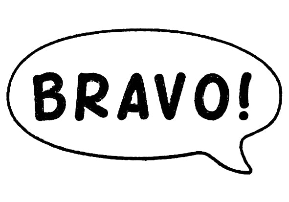 Die schwarz umrandete Sprechblase mit dem fettgedruckten "BRAVO!" eignet sich perfekt für den Stempel Bravo! von Artoz Papier AG, ideal zum Verzieren von Bastelarbeiten oder Einladungskarten. Das Design hat einen weißen Hintergrund.