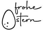 Handgeschriebener schwarzer Text "Frohe Ostern", mit dem O als einfaches Osterei mit drei Punkten - ein minimalistischer deutscher Ostergruß, ideal für Bastelarbeiten oder Holzstempel, von Artoz Papier AG's Stempel Frohe Ostern.