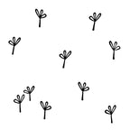 Einfache schwarze Strichzeichnungen von acht abstrakten Pflanzen mit je drei ovalen Blättern auf weißem Grund - ideal als florales Motiv für den Stempel Blumen all over von Artoz Papier AG, perfekt für Holzstempel oder andere Bastelprojekte.