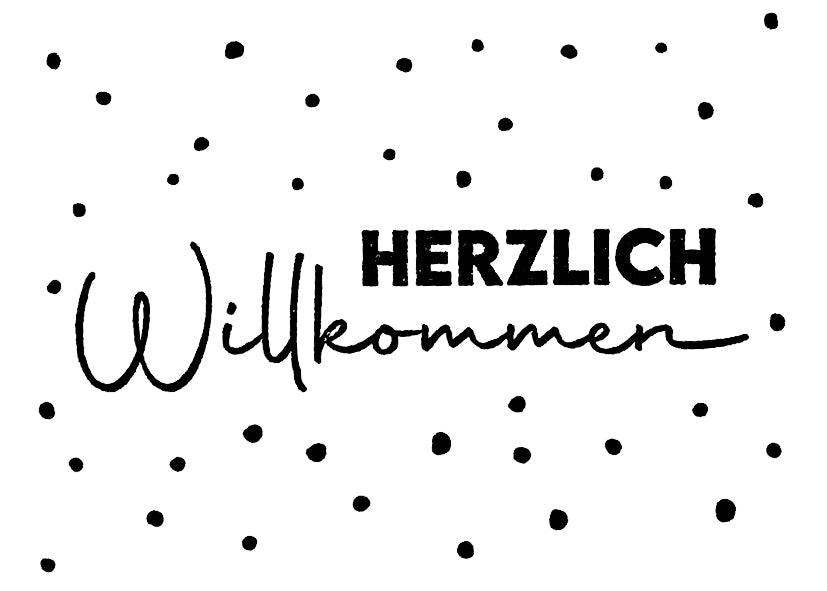 Das Bild zeigt "Herzlich Willkommen" in Fett- und Schreibschrift mit eingestreuten schwarzen Punkten - ideal als Inspiration für Bastelarbeiten oder in Kombination mit dem Artoz Papier AG Stempel Herzlich Willkommen.