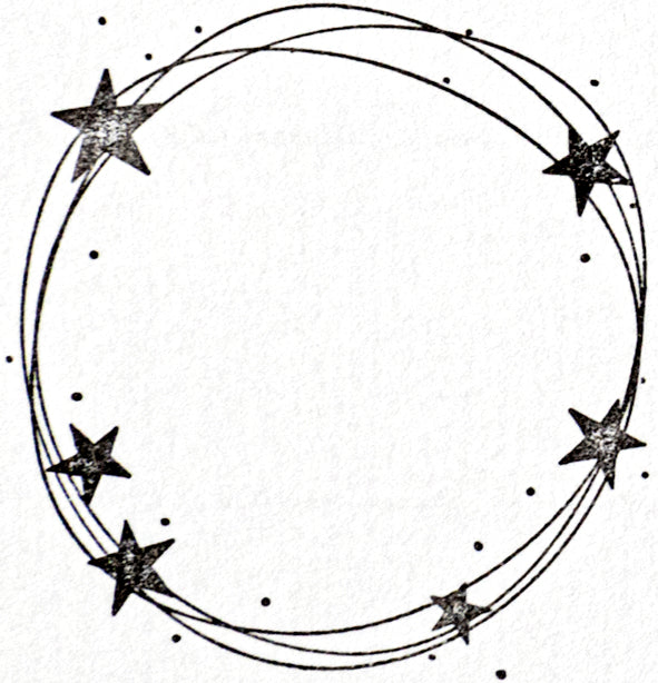 L'Artoz Papier AG Stempel Kreis mit Sternen présente un cadre circulaire composé de cinq étoiles noires reliées par des lignes courbes et de petits points en forme d'étoiles - idéal pour les travaux créatifs de Bastelarbeiten. Le centre du cercle reste vide.