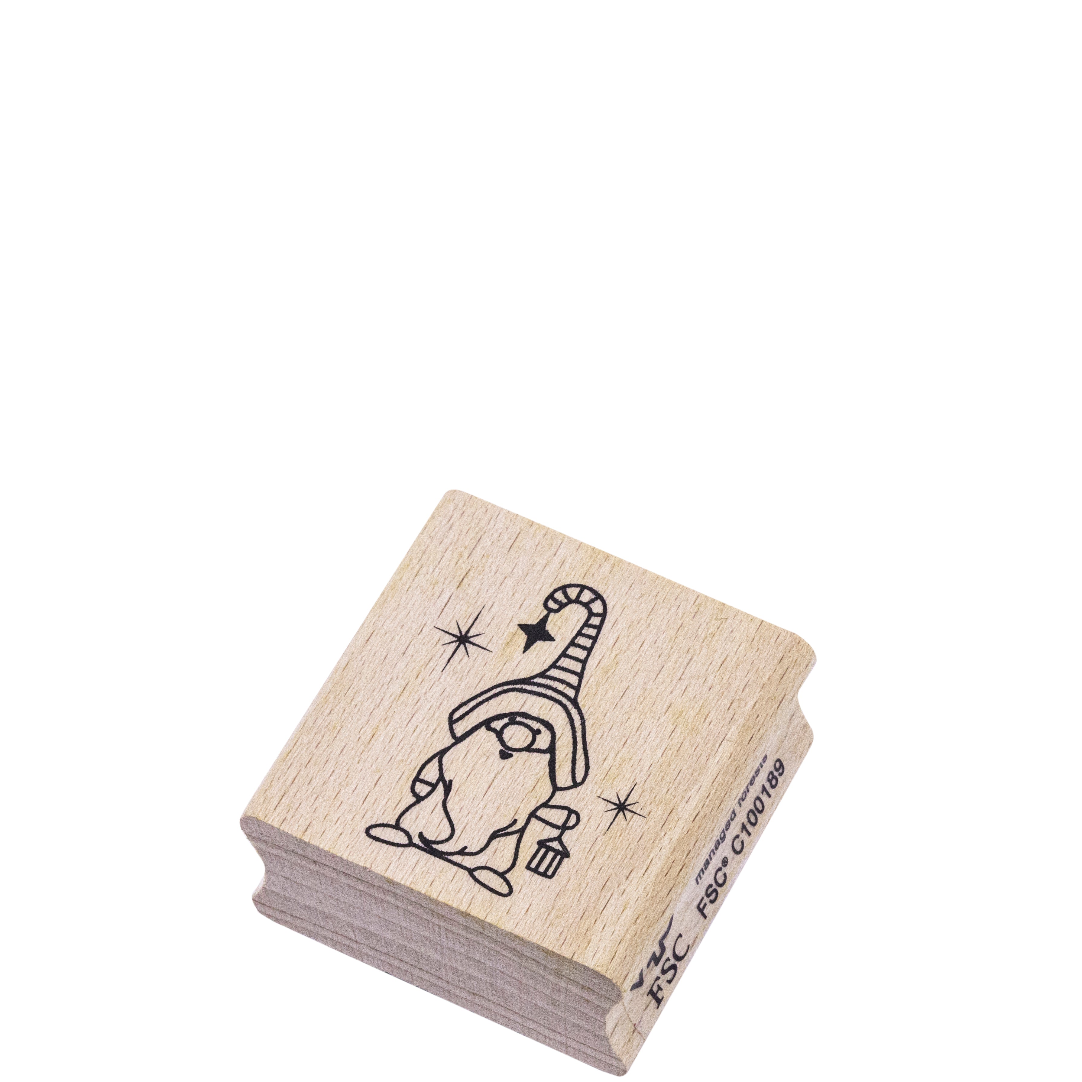 Der Stempel Wichtel von Artoz Papier AG ist ein Holzstempel, der einen Wichtel mit gestreifter Mütze, Laterne und Stern zeigt. Perfekt für die Personalisierung von Einladungskarten oder kreative Bastelarbeiten.