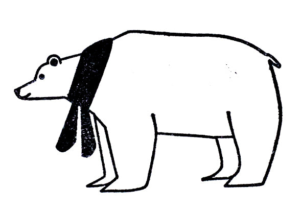 Eine einfache schwarz-weiße Strichzeichnung eines Bären auf allen Vieren mit einem dunklen Schal - perfekt als Inspiration für den Stempel Eisbär von Artoz Papier AG, ideal für Bastelarbeiten oder Einladungskarten.