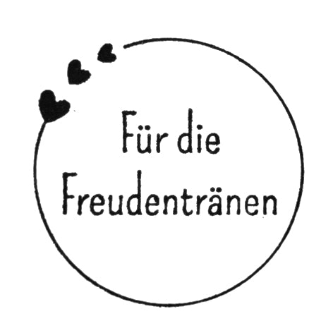 Der Artoz Papier AG Stempel Kreis mit Text zeigt einen schwarzen Kreis mit drei kleinen schwarzen Herzen oben links und dem deutschen Satz "Für die Freudentränen" in einfacher Schrift - ein perfektes Stempelmotiv für Bastelprojekte.