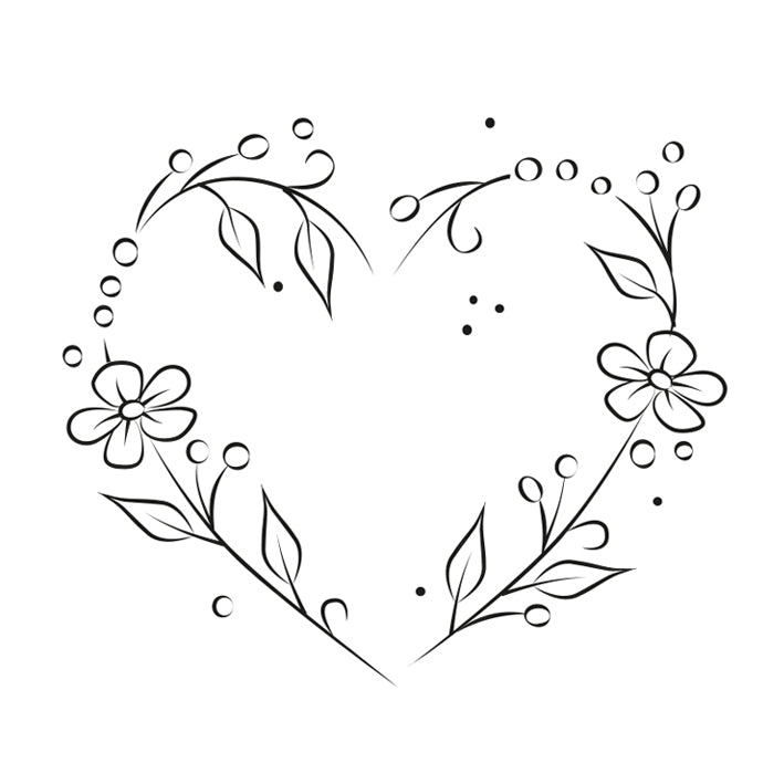 Der Stempel Herz mit Blumen von Artoz Papier AG zeigt ein schwarz-weißes Herzmotiv mit Blumen, Blättern und Beeren - ideal für Bastelarbeiten oder als Vorlage für Holzstempel auf weißem Hintergrund.