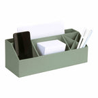Der Artoz Papier AG Tisch Organisator in grüner Leinenoptik bietet separate Fächer für Ihr Smartphone, weiße Notizkarten, quadratische Haftnotizen und drei weiße Stifte - perfekt für jedes Home Office.