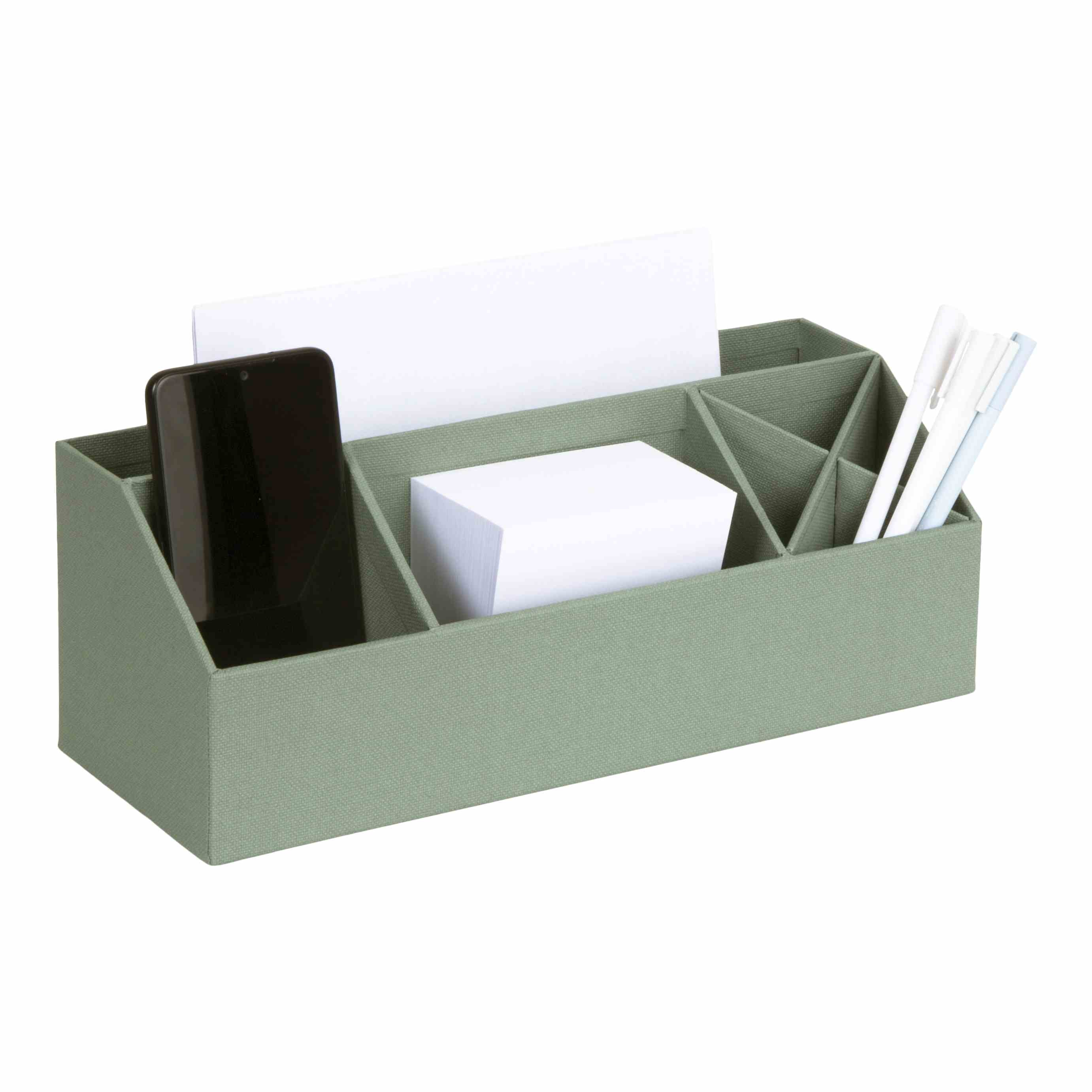 Der Artoz Papier AG Tisch Organisator in grüner Leinenoptik bietet separate Fächer für Ihr Smartphone, weiße Notizkarten, quadratische Haftnotizen und drei weiße Stifte - perfekt für jedes Home Office.