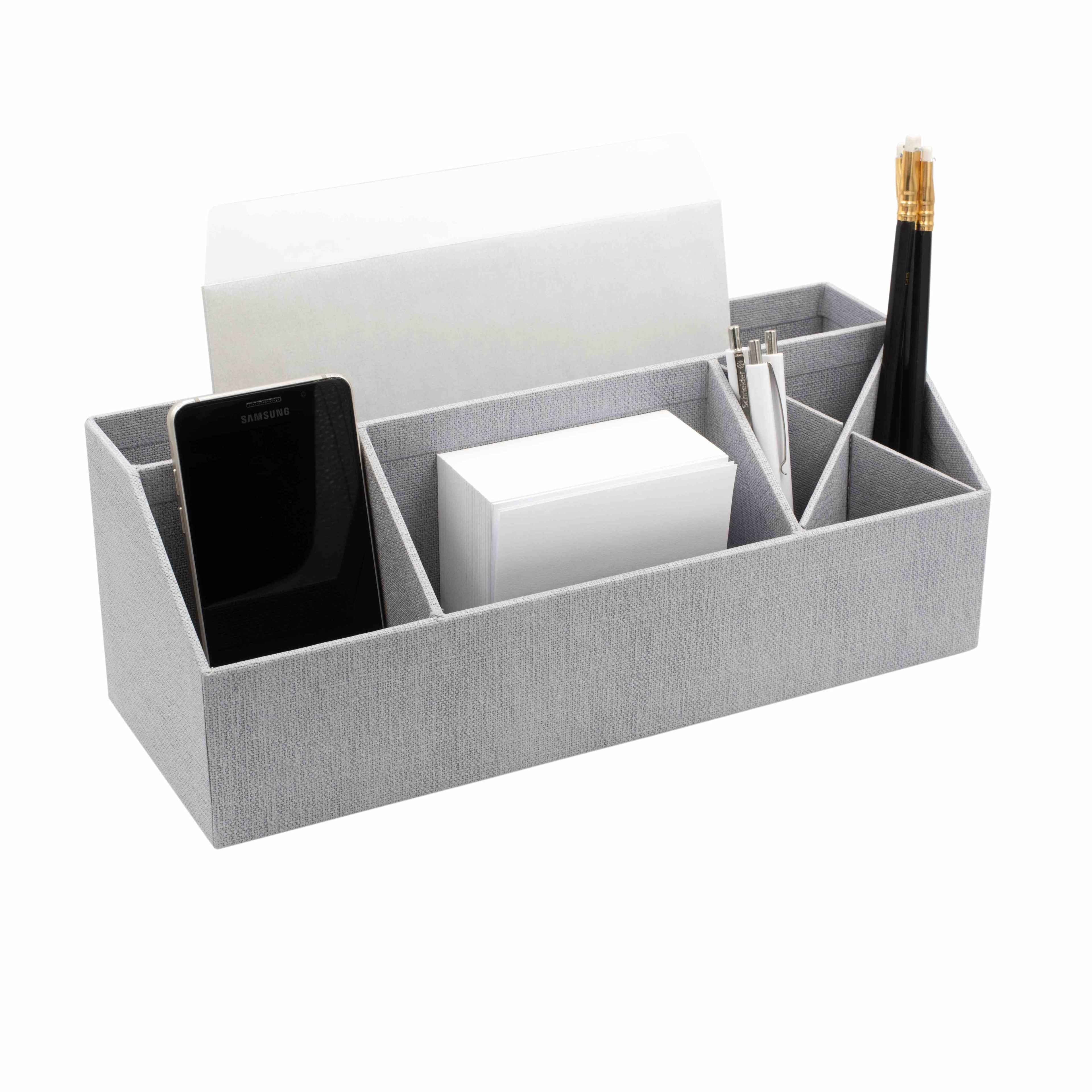 Der Artoz Papier AG Tisch Organisator in grauer Leinenoptik bietet separate Fächer für Ihr Smartphone, weiße Umschläge, Stifte und Notizkarten - ideal für ein stilvolles Home Office und in Premium-Qualität.