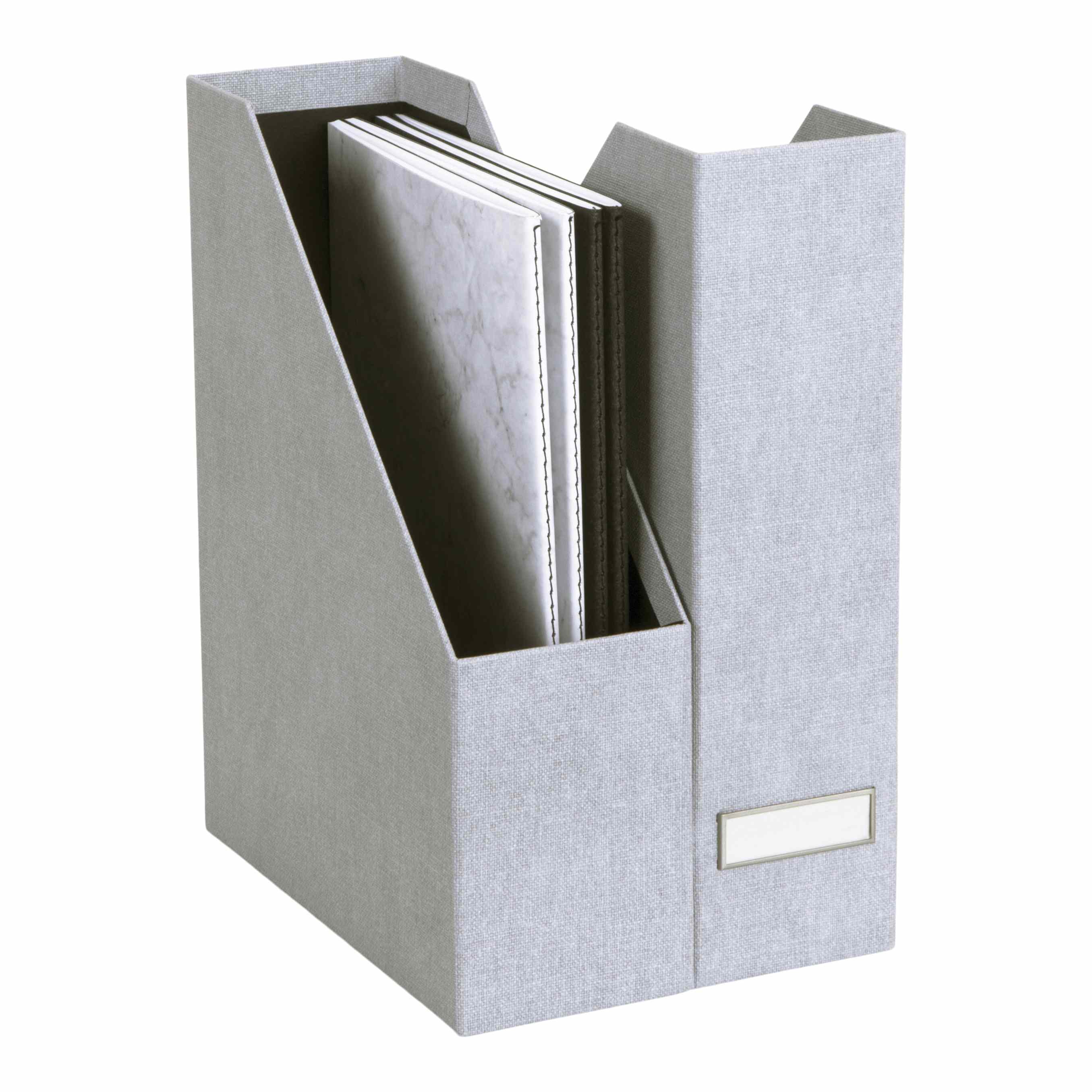 Le 2er Stehsammler gris d'Artoz Papier AG en aspect lin contient deux cahiers à motifs marbrés debout sur fond blanc - idéal pour donner du style à votre bureau à domicile.