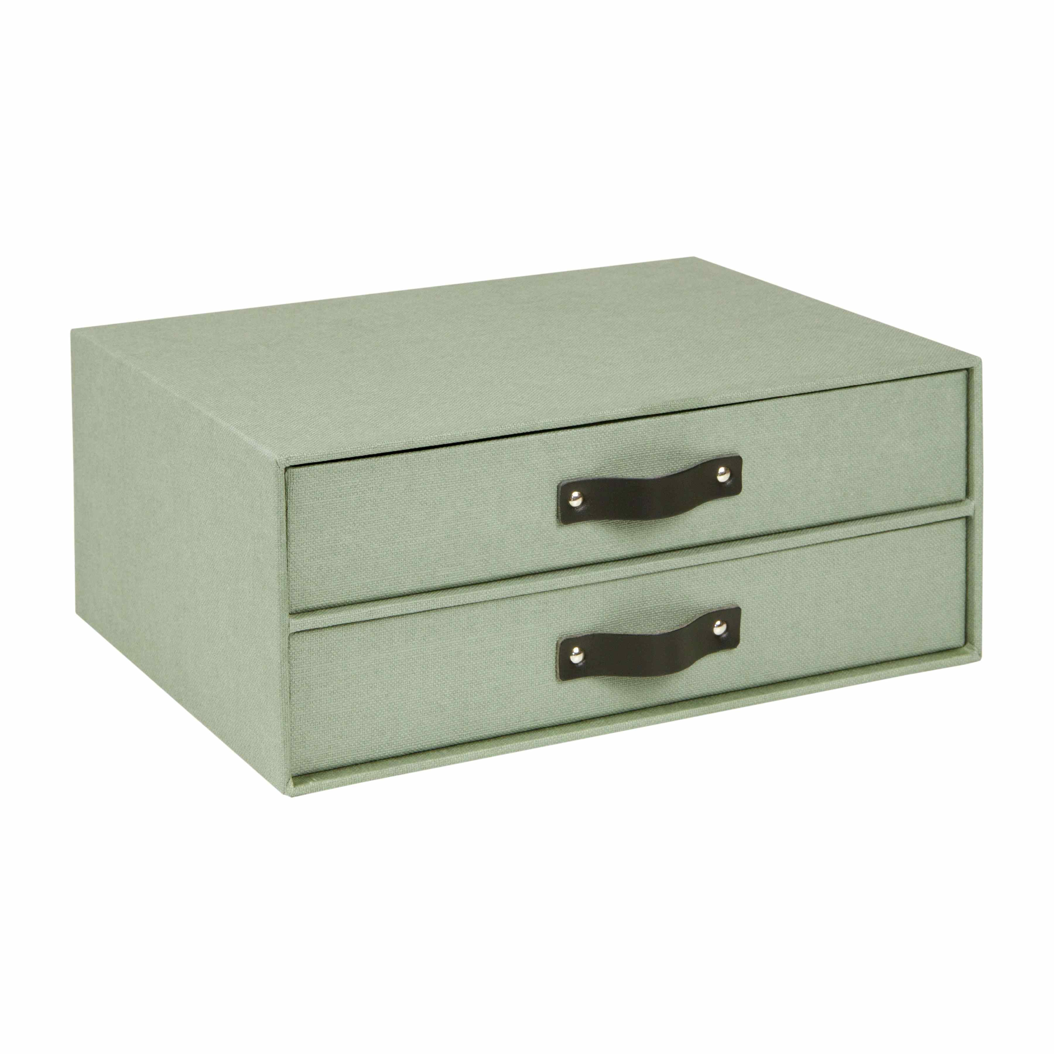 La Schubladenbox d'Artoz Papier AG est un organisateur rectangulaire vert avec deux tiroirs en Leinenoptik élégant et des poignées noires, présenté sur un fond blanc - idéal pour garder votre bureau à domicile bien rangé.