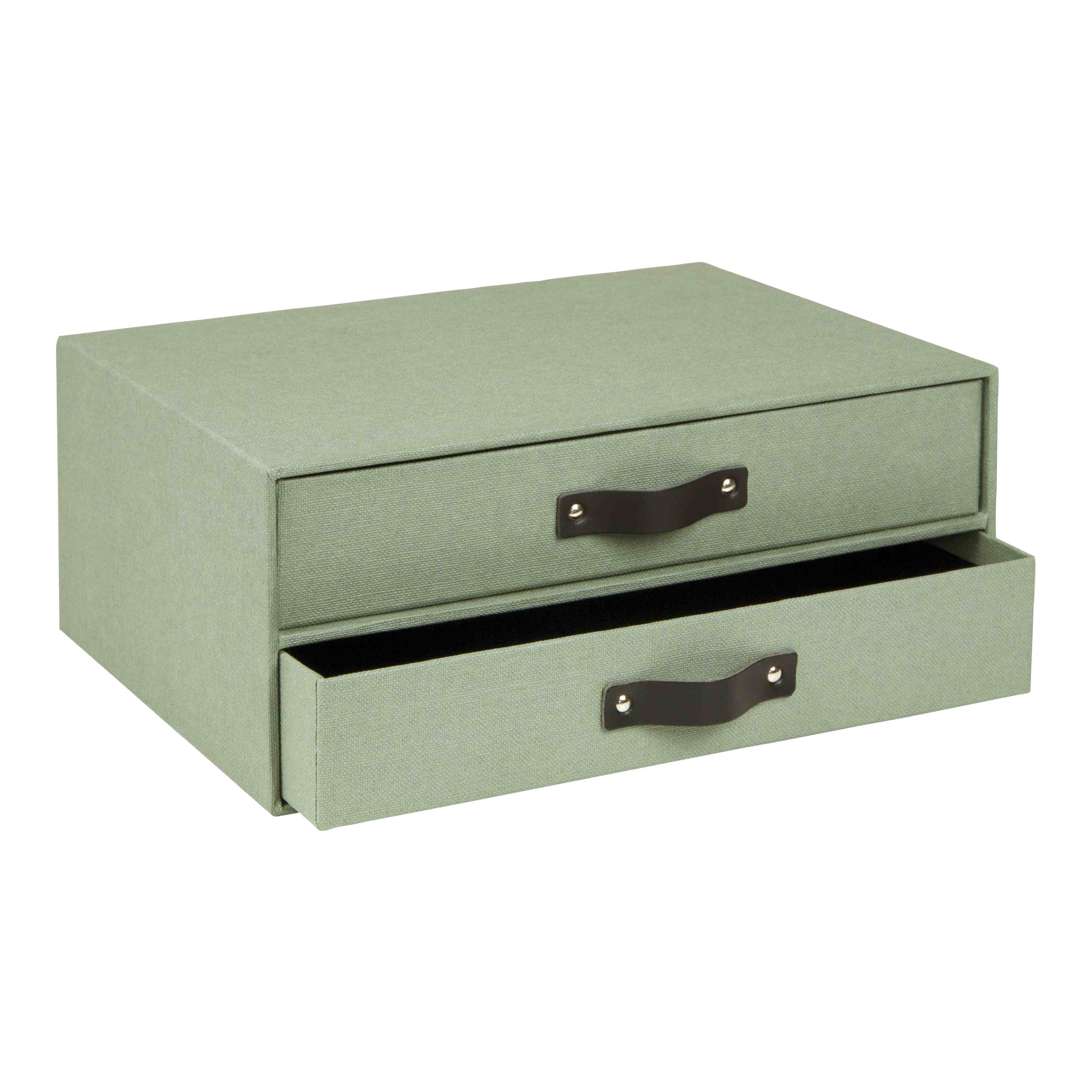 L'Artoz Papier AG Schubladenbox est un meuble rectangulaire vert doté de deux tiroirs - l'un fermé, l'autre partiellement ouvert - et de poignées noires, ce qui en fait un complément élégant pour tout bureau à domicile.