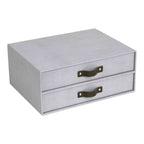 La Schubladenbox d'Artoz Papier AG est un organiseur rectangulaire en tissu gris clair en Leinenoptik avec des poignées noires pour la Büroorganisation, présenté sur un fond blanc.