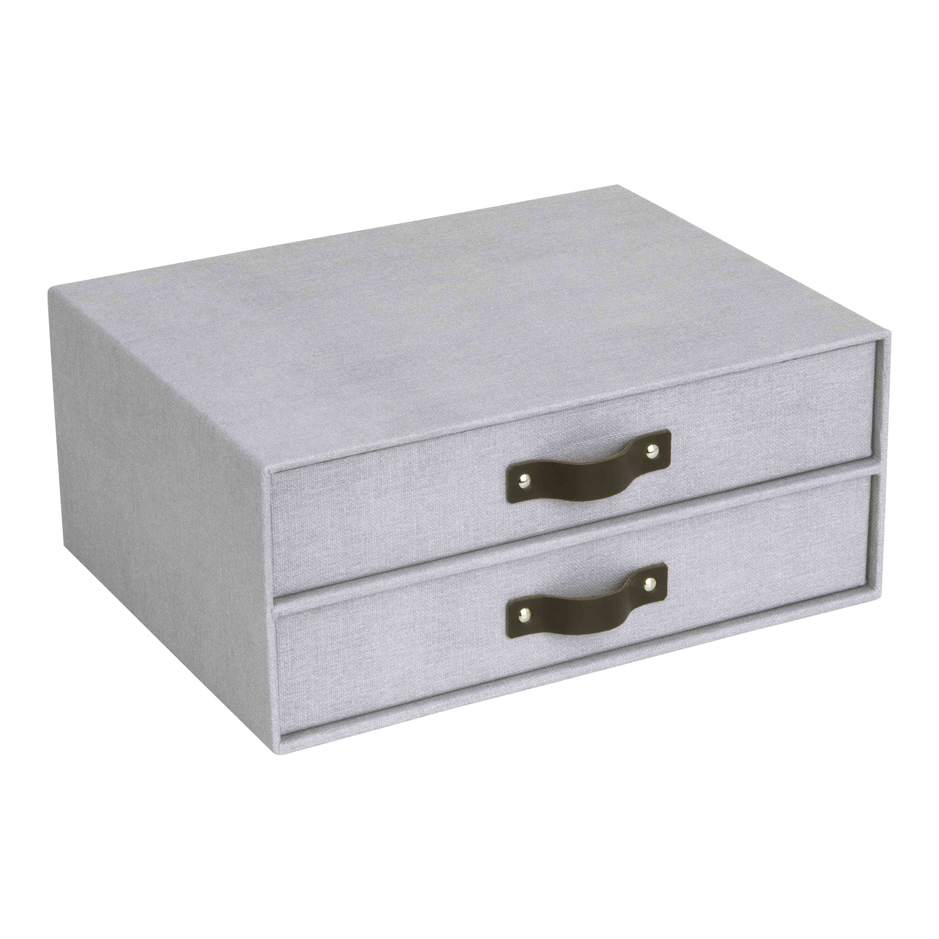 L'Artoz Papier AG Schubladenbox est un organisateur rectangulaire gris clair avec deux tiroirs et des poignées noires, idéal pour votre bureau à domicile. Sa surface présente une élégante texture Leinenoptik.