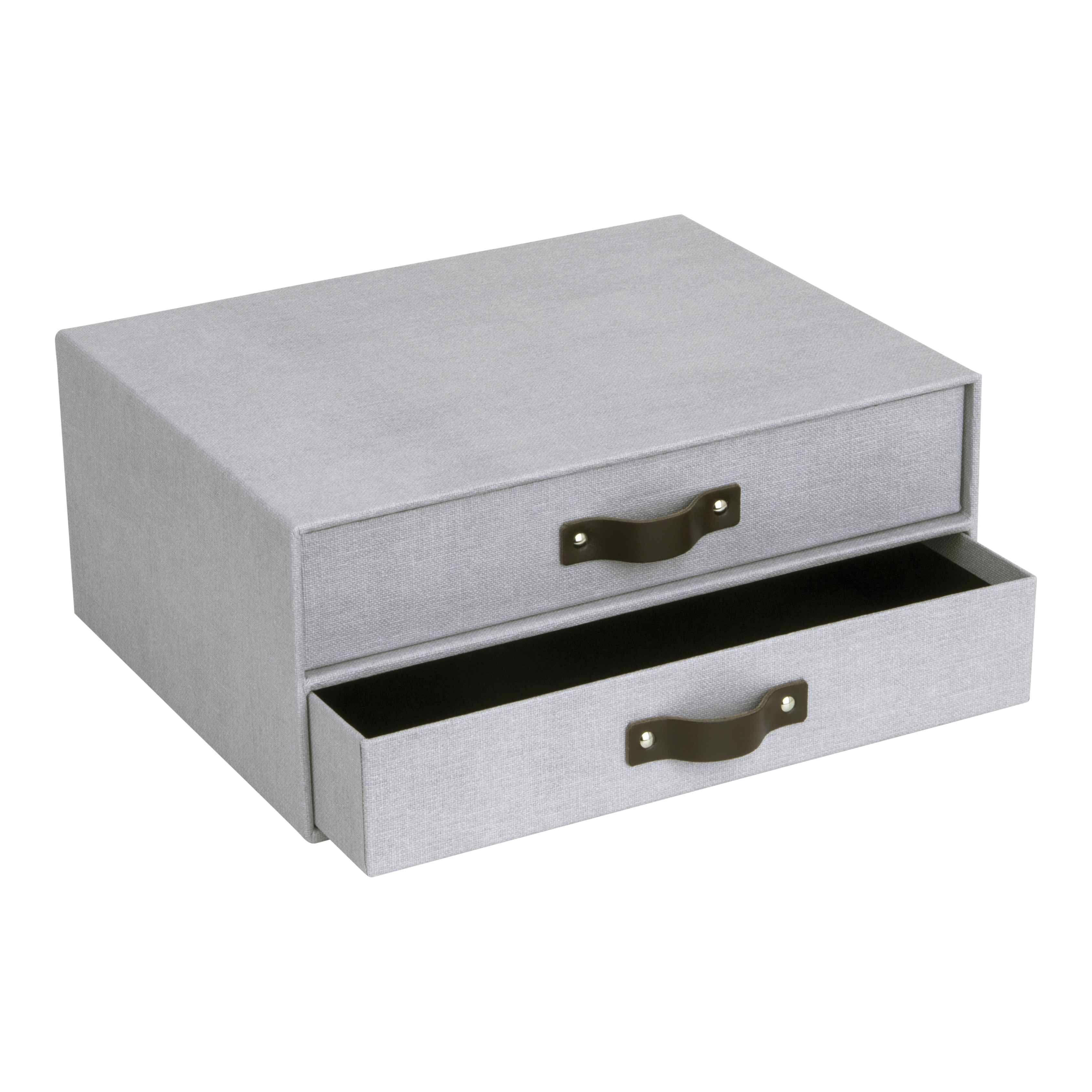 La boîte de rangement Artoz Papier AG Schubladenbox en gris présente une finition texturée Leinenoptik, des poignées foncées, un tiroir supérieur fermé et un tiroir inférieur partiellement ouvert - parfait pour une organisation élégante du bureau à domicile.