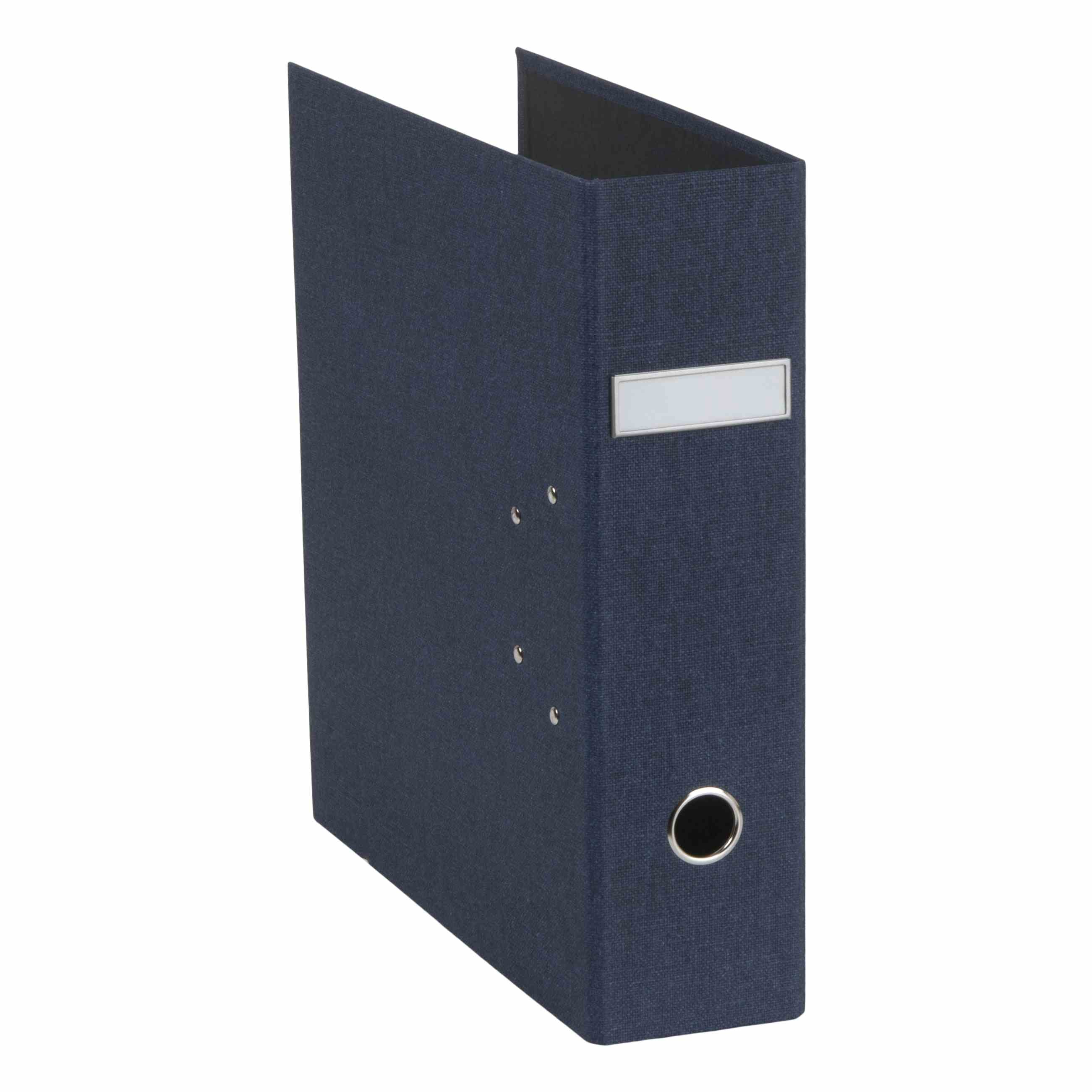 Der Artoz Papier AG Ordner A4 in dunkelblauer Leinenoptik steht aufrecht, hat ein metallverstärktes Griffloch und ein Blanko-Rückenschild - die perfekte Wahl für Ihr Home Office.