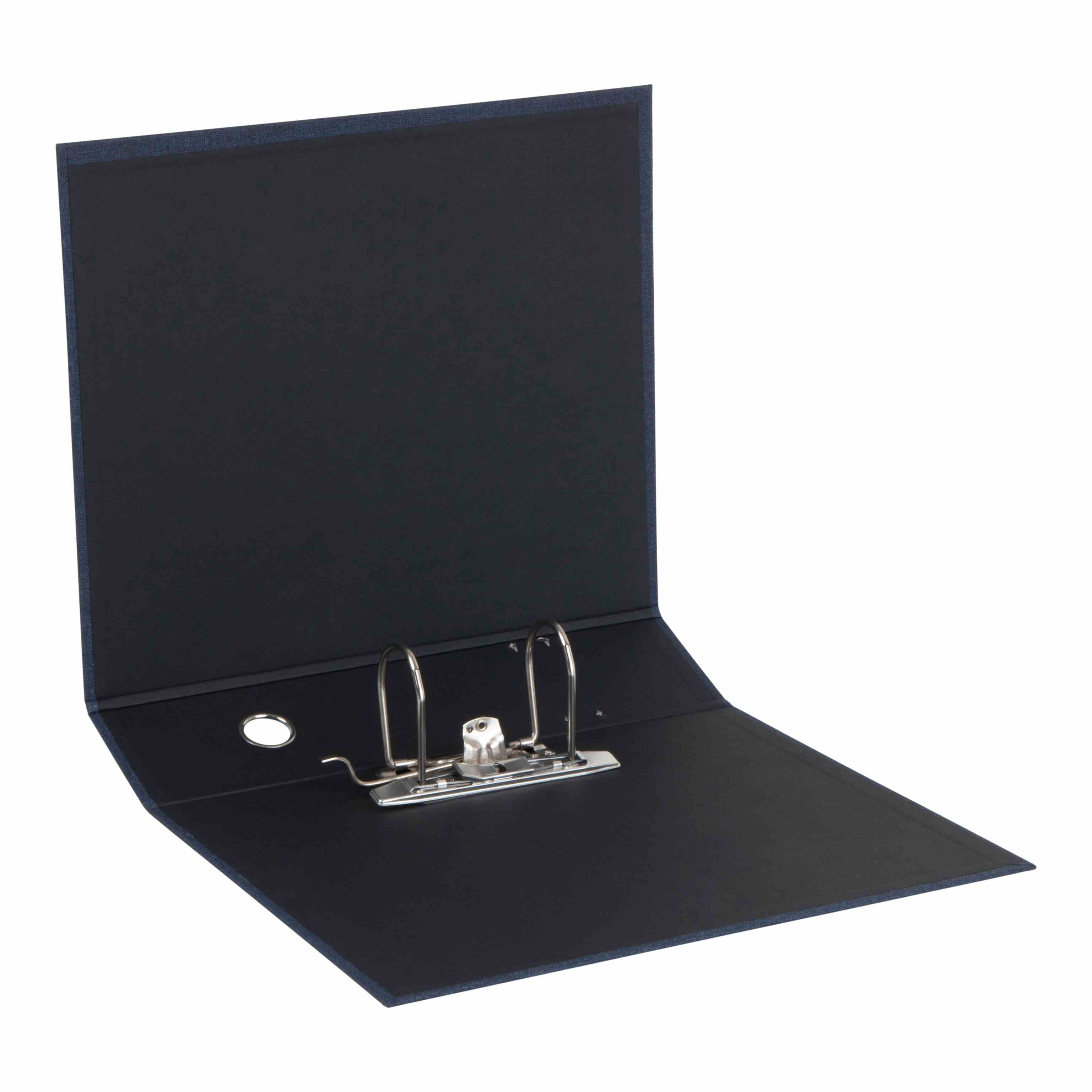 Der Artoz Papier AG Ordner A4 in Schwarz mit Leinenoptik, zwei Metallringen und Hebelmechanik steht aufrecht auf weißem Grund - ideal für Ihr Home Office.